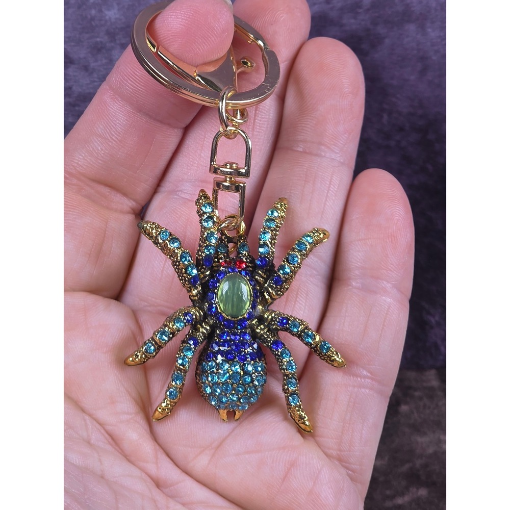 Spider Keychain Gold Tone Blue Rhinestones Jeweled Bug Purse Charm Bling - Picture 8 of 10